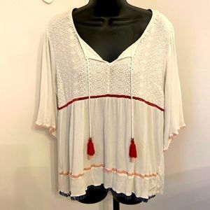 Knox Rose Boho Blouse Womens Tassel Lace Hippie Peasant Prairie Red White Blue L